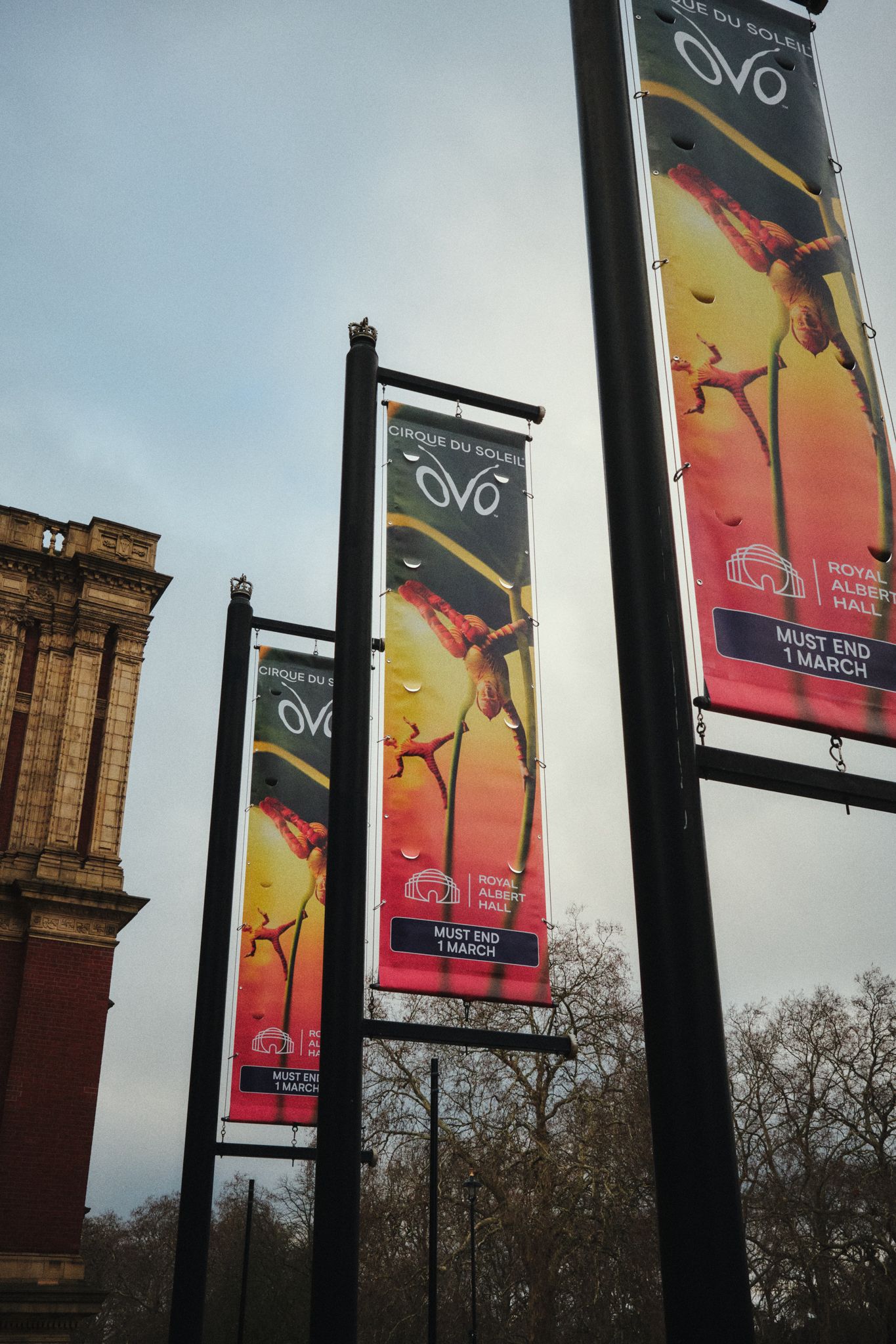 Tall street banners advertising Cirque du Soleil OVO in vibrant colors (orange, yellow, green) hanging from black poles on a city street, with an ornate building façade and a cloudy sky in the background.